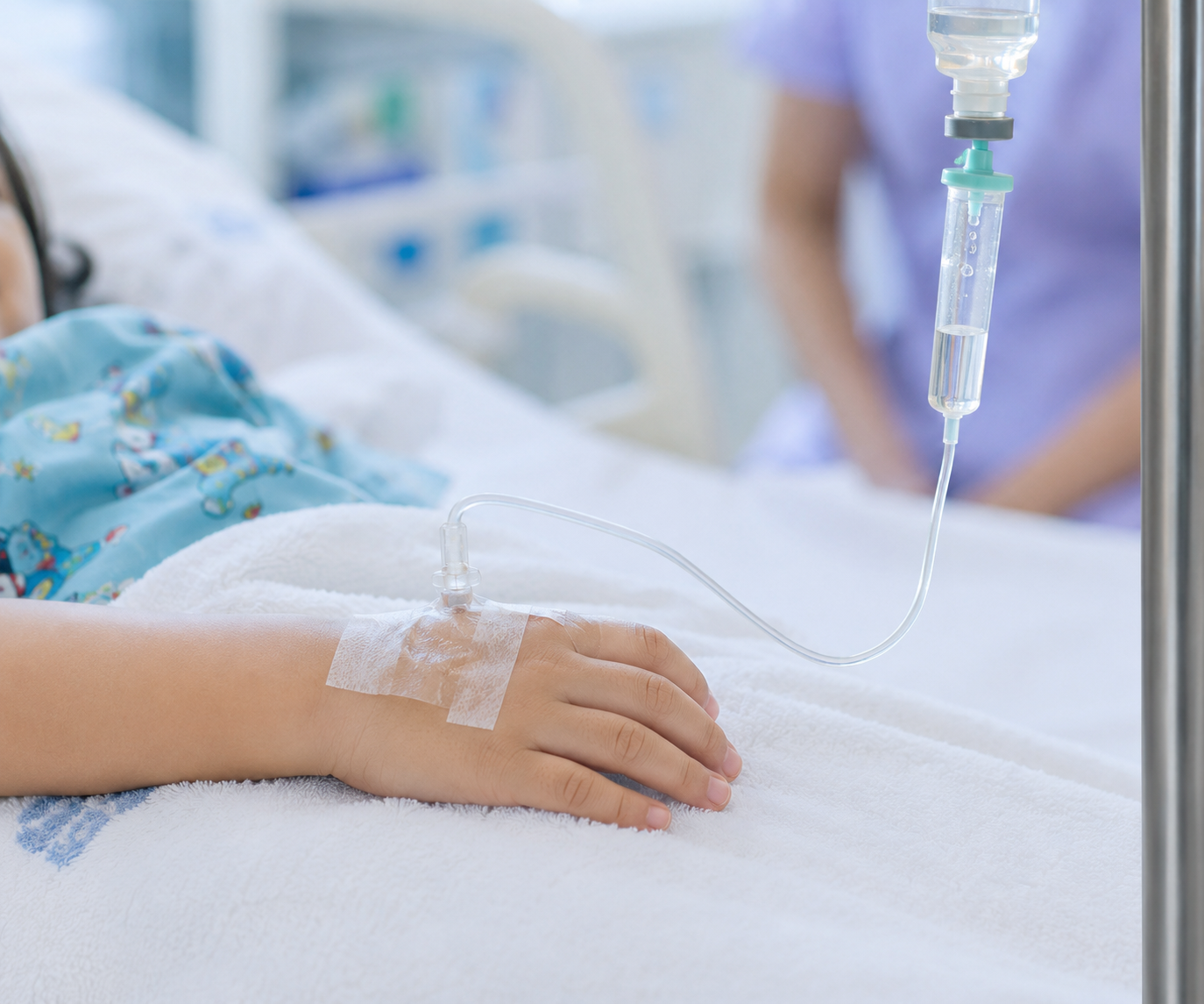 Dítě na nemocničním lůžku s infuzí