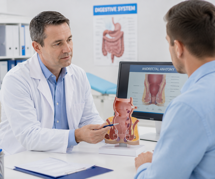 Lékař vysvětluje pacientovi anatomii konečníku