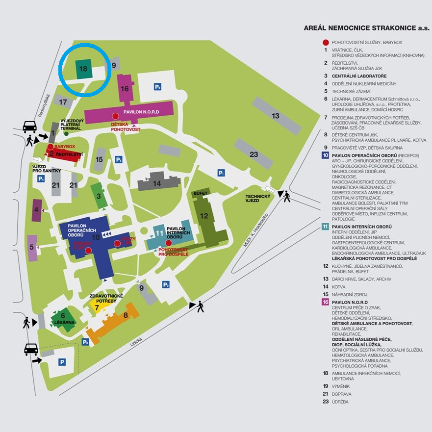 Mapa areálu nemocnice s vyznačenou ambulancí pro infekční nemoci v pavilonu č. 18.
