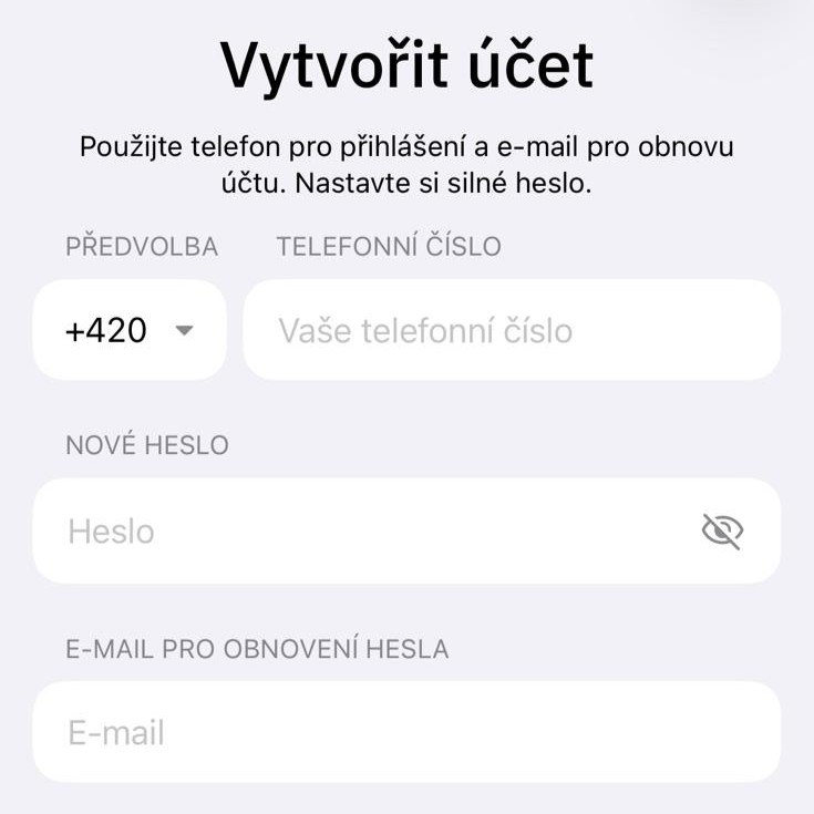 Vytvoření účtu a přihlášení